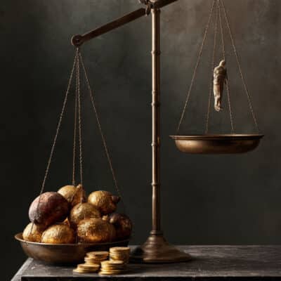 Antieke weegschaal in disbalans: goud en verguld fruit wegen zwaar, terwijl een klein, kwetsbaar figuurtje machteloos wordt opgetild — beeld bij het essay over morele volwassenheid.